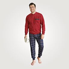 Herren Langarmpyjama mit V-Ausschnitt, rot-blau