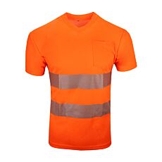 T-shirt de sécurité à encolure en V, poche de poitrine et bandes réfléchissantes orange fluo