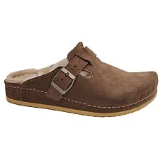 MUBB Damen Pantoffel, Veloursleder mit Lammfellfutter – dunkelbraun