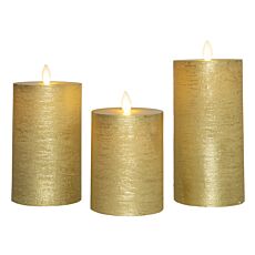 Stumpenkerzen 3er‑Set, Echtwachs, LED‑Flamme, Gold