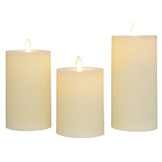 Stumpenkerzen 3er-Set, Echtwachs, LED-Flamme, Elfenbein