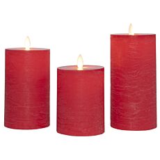 Stumpenkerzen 3er-Set, Echtwachs, LED-Flamme, Rot