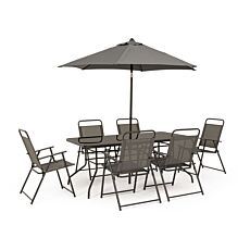Tisch mit 6 Klappstühlen und Sonnenschirm