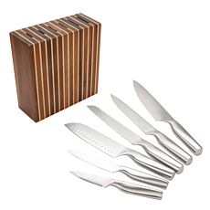 Messerblock aus Gummibaumholz, 6-teiliges Messerset aus satiniertem Edelstahl