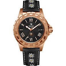 Montre pour dames Trauffer, motif Edelweiss, bracelet brodé, noir/or rose