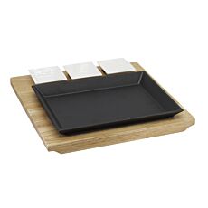 Plaque chauffante en fonte, avec 3 coupelles en céramique et des soucoupes en bois