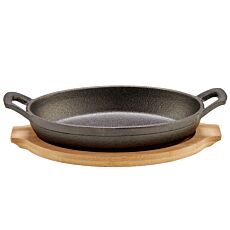 Servierpfännchen oval, Gusseisen mit Bambusunterlage