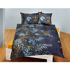 Bettwäsche mit blau-goldenen Farnmotiven und floralen Akzenten