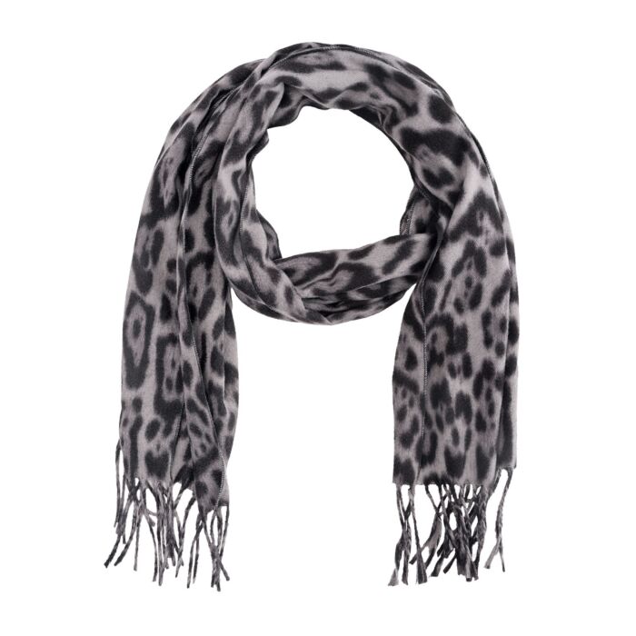 Webschal mit schönem Animal-Print und Fransen. Ca. 33x170 cm. Aus 100% Polyester.