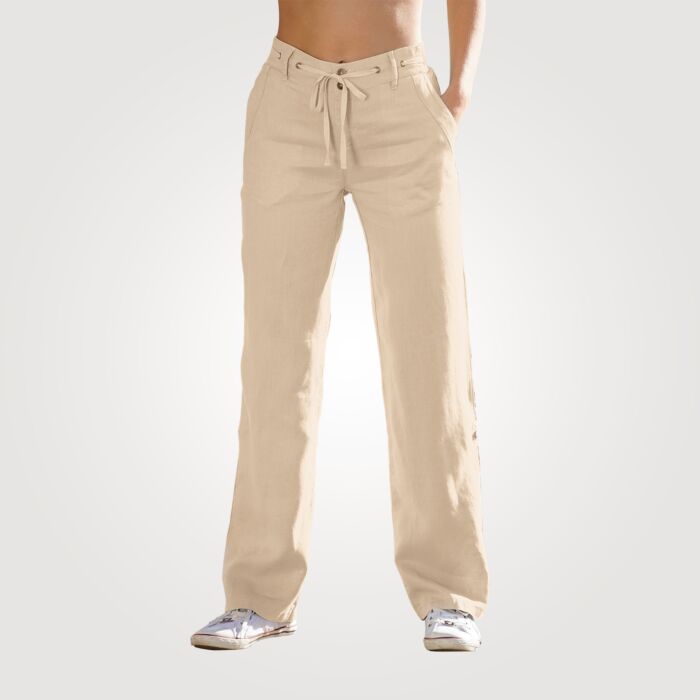 Pantalon dames en lin, avec taille élastique et cordon à nouer