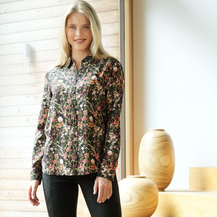 Modische Langarmbluse mit floralem Print, Hemdkragen