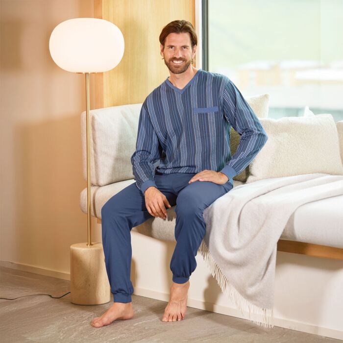 Pyjama hommes à manches longues, Bleu, col V