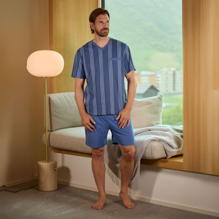 Pyjama court à rayures pour hommes, bleu
