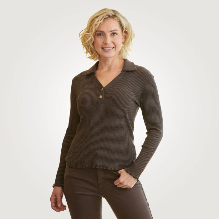 Polo en maille pour dames, fermé par boutons, structure côtelée