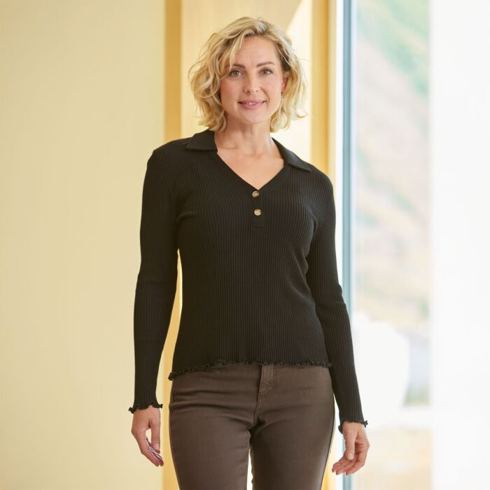 Polo en maille pour dames, fermé par boutons, structure côtelée
