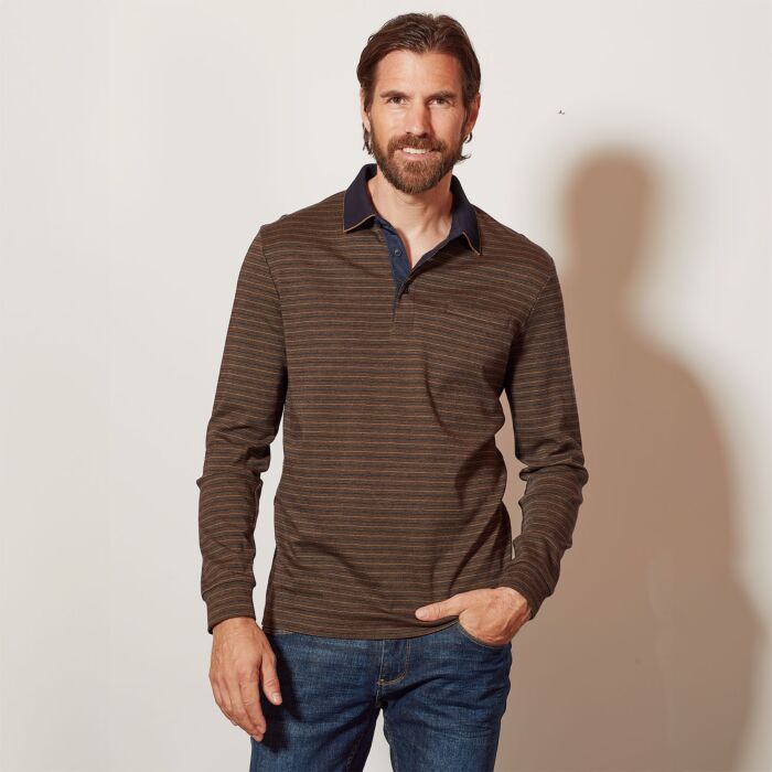 Gestreiftes Poloshirt mit langem Arm und Brusttasche