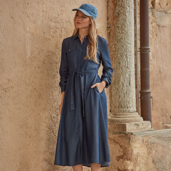 Damen Lyocell Kleid, Jeansoptik, Midi-Länge