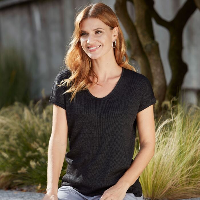 Damen Lurex T-Shirt mit angeschnittenen Ärmeln