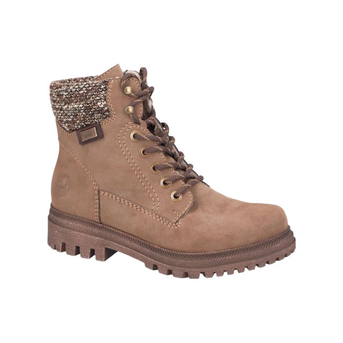 RIEKER Schnürstiefel Damen, Softmaterial mit Wollstrickkragen