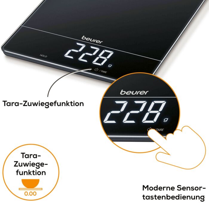 Beurer Küchenwaage, 15 kg Tragkraft, mit Hold- & Tara-Funktion
