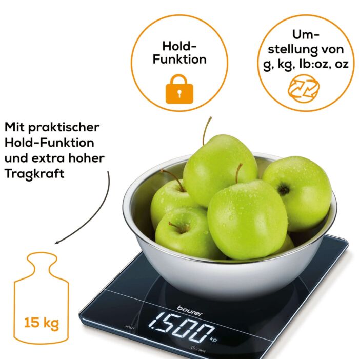 Beurer Küchenwaage, 15 kg Tragkraft, mit Hold- & Tara-Funktion