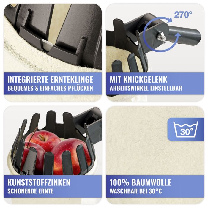 Obstsammler mit 270° Knickgelenk und Klinge, waschbarer Fangbeutel
