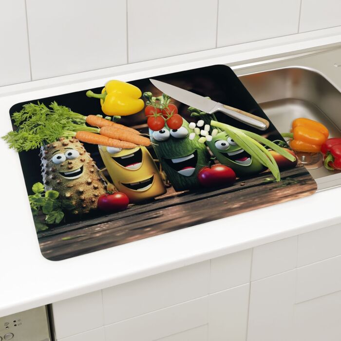 Plaque de recouvrement en verre, motif légumes rigolos, 56x50 cm