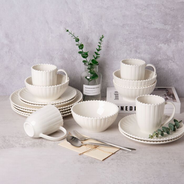 Service Pearl "bord perlé", en porcelaine blanche, 16 éléments, pour 4 personnes