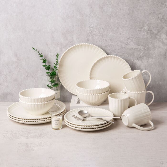 Service Pearl "bord perlé", en porcelaine blanche, 16 éléments, pour 4 personnes