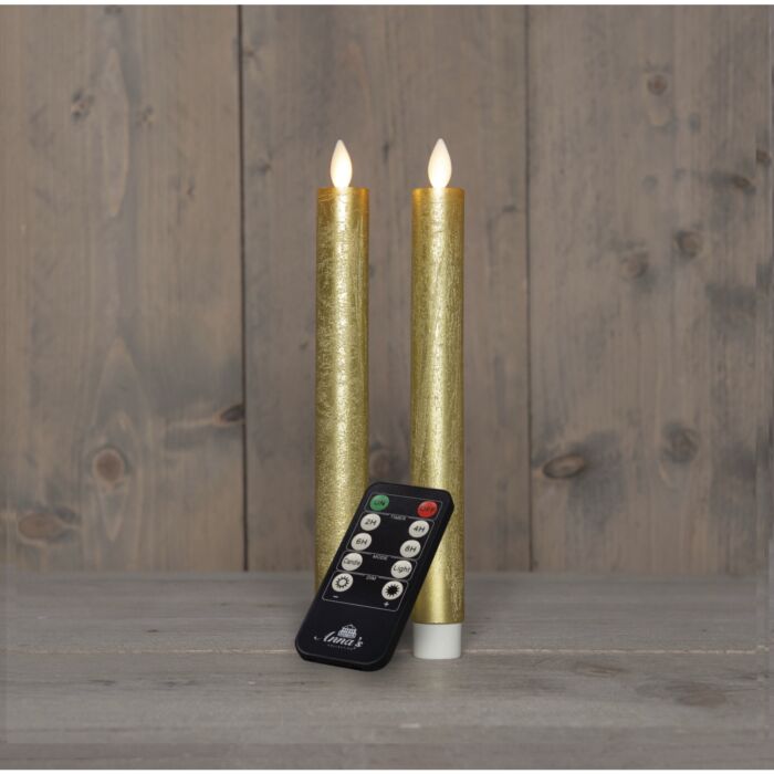Stabkerzen 2er‑Set, Echtwachs, aufladbar, gold
