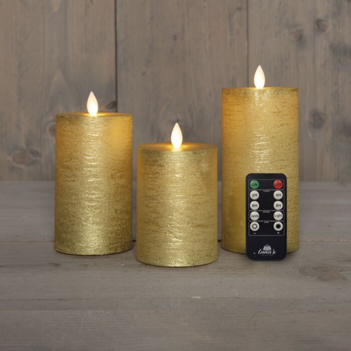Stumpenkerzen 3er‑Set, Echtwachs, LED‑Flamme, Gold
