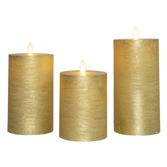 Set de 3 bougies, cire véritable, flamme LED, doré main product photo