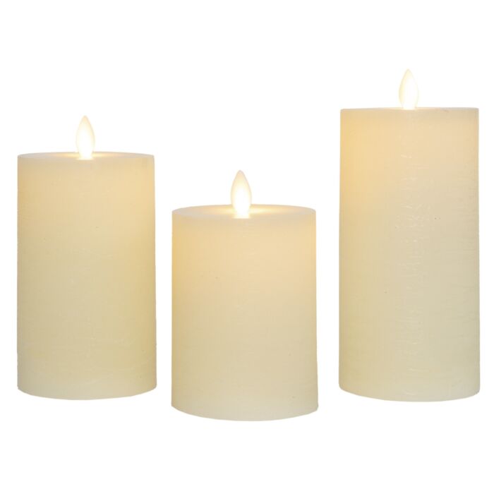 Set de 3 bougies, cire véritable, flamme LED, ivoire