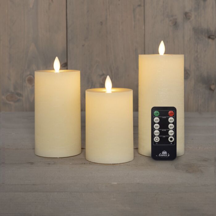 Stumpenkerzen 3er-Set, Echtwachs, LED-Flamme, Elfenbein
