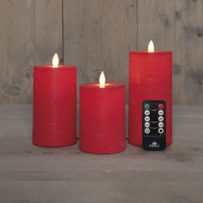 Stumpenkerzen 3er-Set, Echtwachs, LED-Flamme, Rot