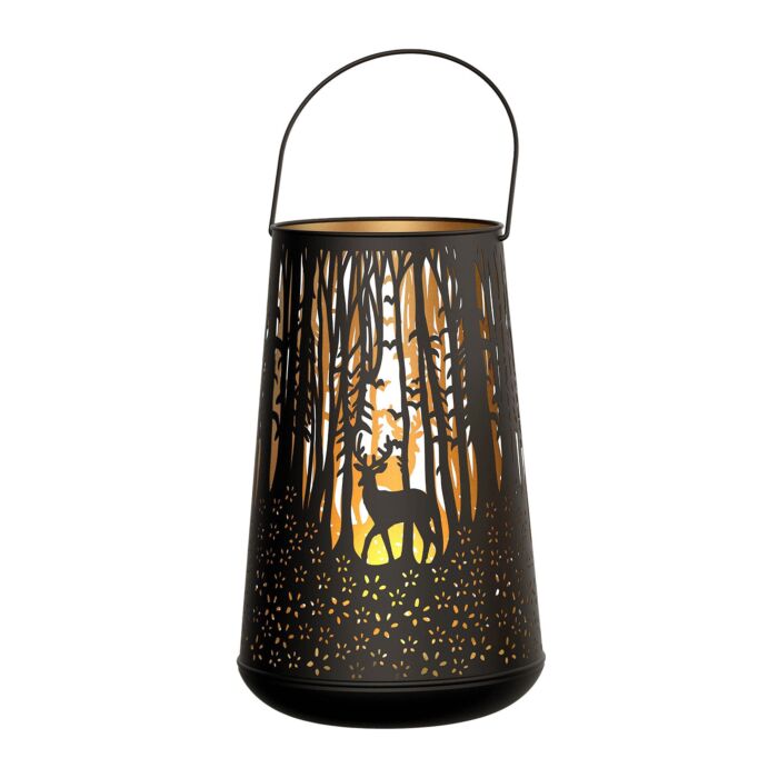 Lanterne avec anse « Forest », noir et or, jeu de lumière en filigrane main product photo