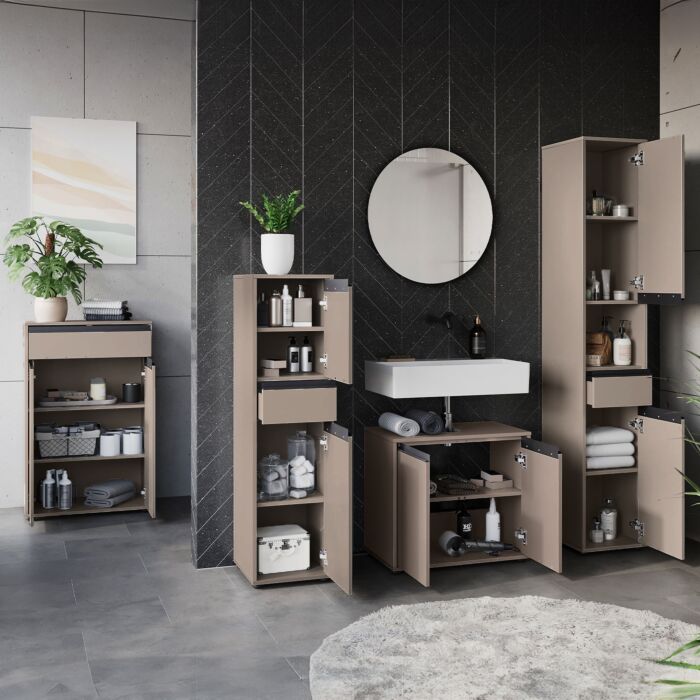 Commode de salle de bains Lemon, avec amortisseur aux portes et au tiroir, gris caillou