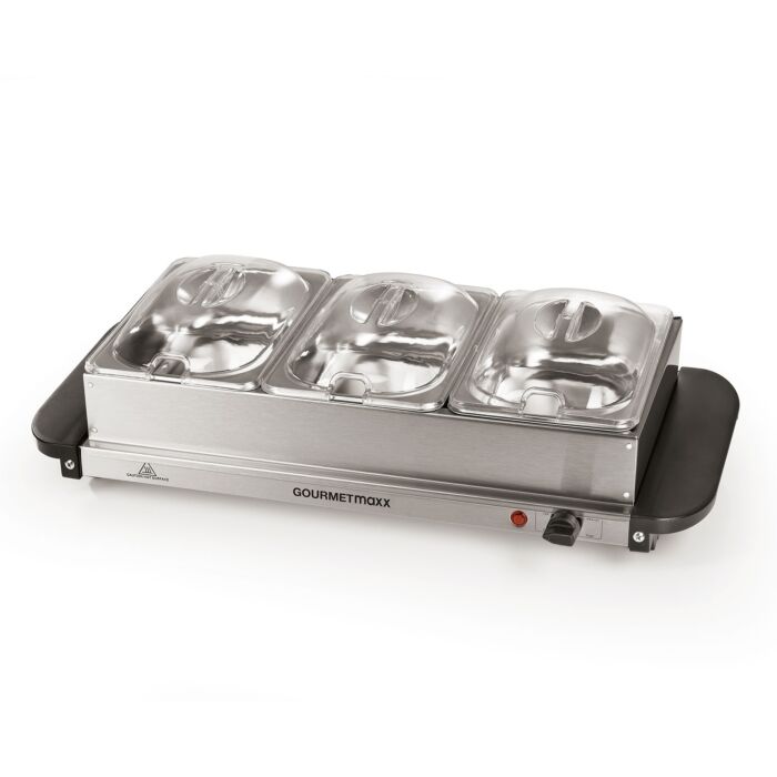 Chauffe-plats de buffet Gourmetmaxx 3-en-1, avec bacs en acier inox et couvercles transparents main product photo