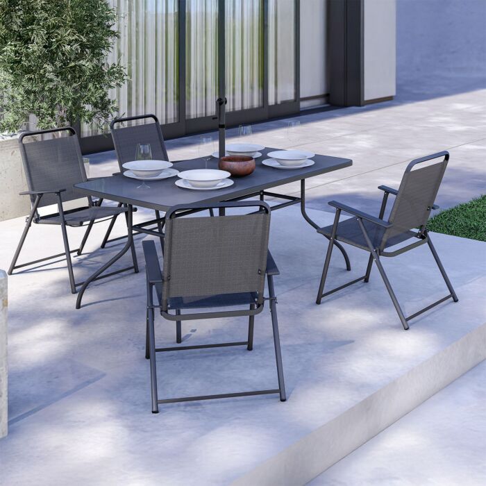 Tisch mit 4 Klappstühlen und Sonnenschirm
