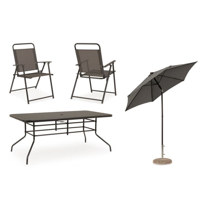 Tisch mit 6 Klappstühlen und Sonnenschirm