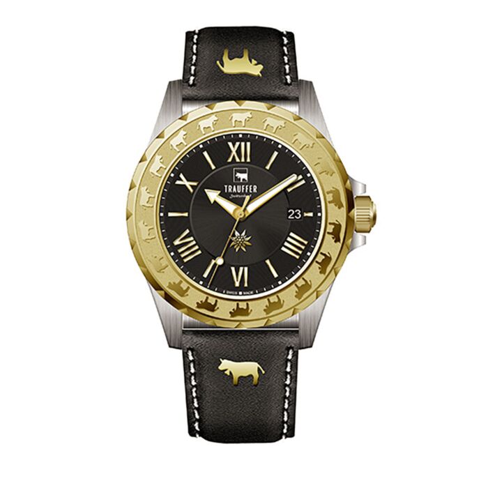 Trauffer montre pour hommes, noir/or, avec verre saphir et bracelet en cuir PU main product photo