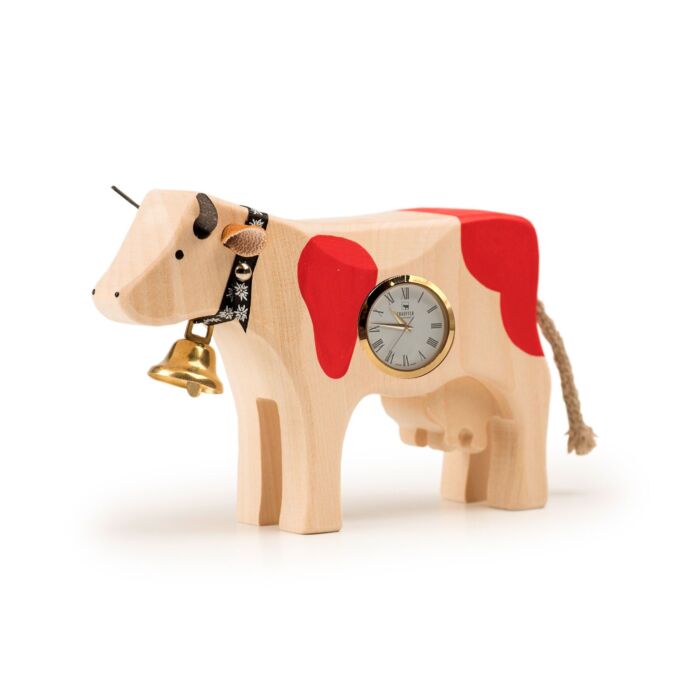 Trauffer vache en bois de tilleul avec horloge, peinte à la main, Swiss Made