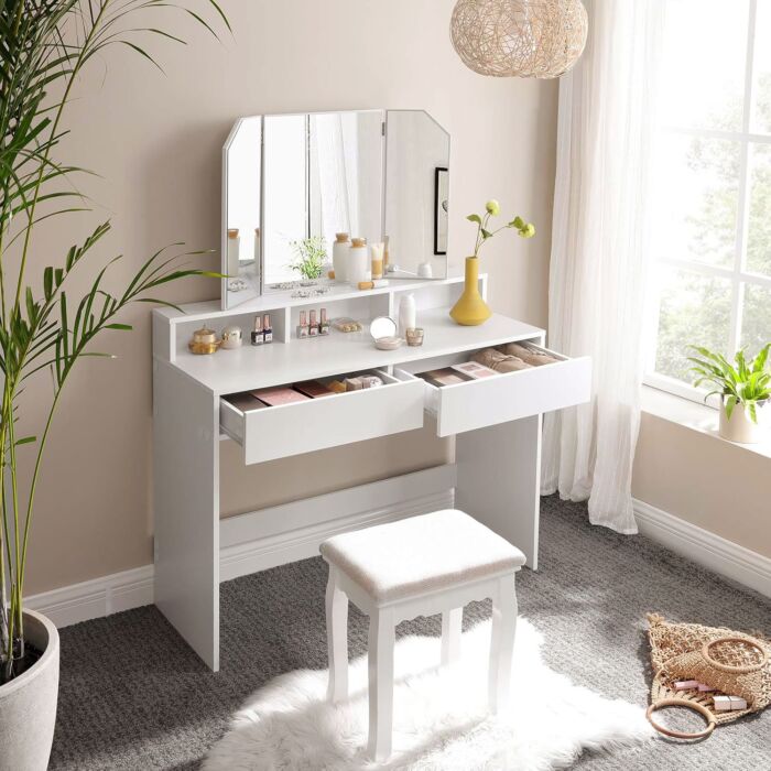 Coiffeuse VASAGLE avec miroir, tiroirs et étagères