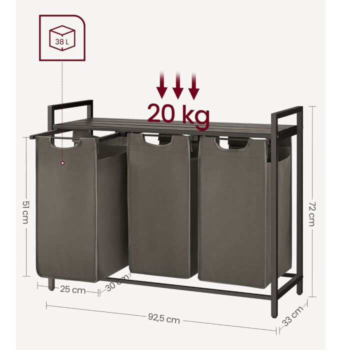 VASAGLE Wäschetrolley mit 3 Fächern à 38 Liter