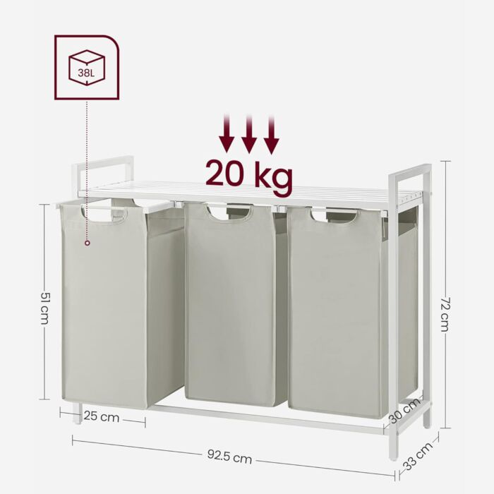 VASAGLE Wäschetrolley mit 3 Fächern à 38 Liter