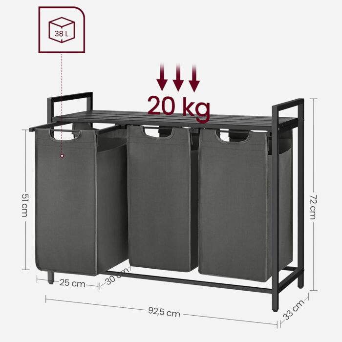 VASAGLE Wäschetrolley mit 3 Fächern à 38 Liter