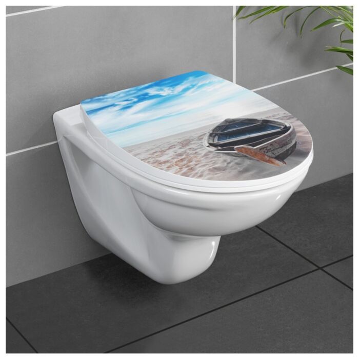 Siège de WC « Boat » avec impression brillante, système d'abaissement automatique, thermoplastique