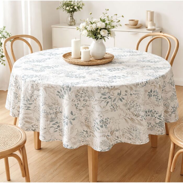 Nappe « Arabella », ronde, motif floral, blanc-pétrole