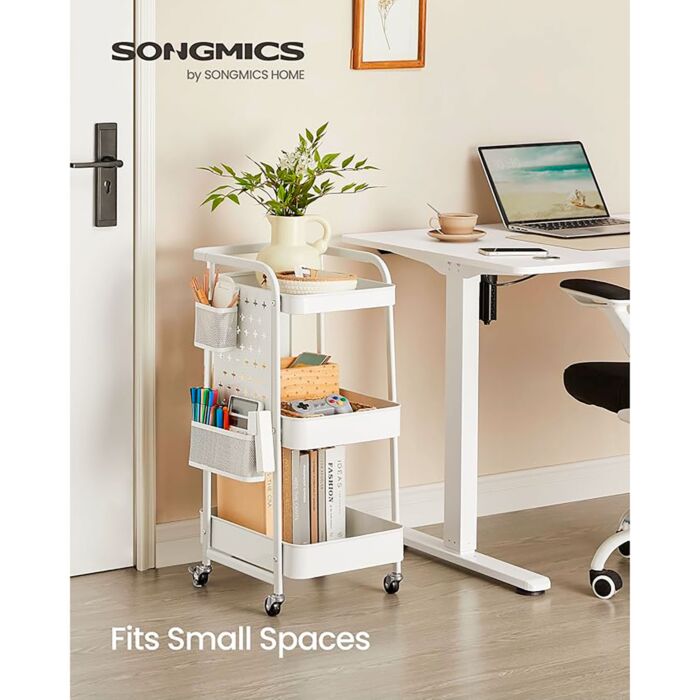 Support de rangement à roulettes SONGMICS en métal, 3 étagères, avec roulettes, blanc