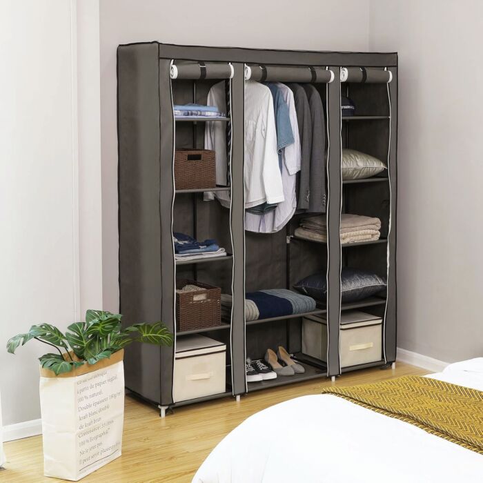 Songmics Stoffschrank, mit 12 Tablaren und Kleiderstange